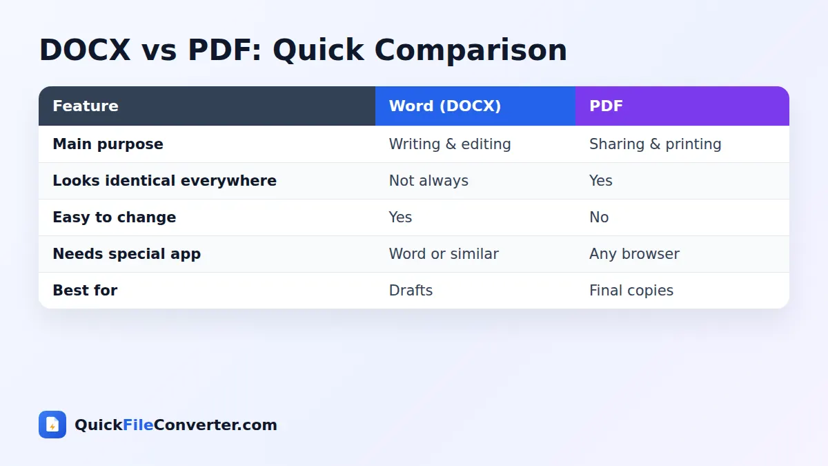 DOCX vs PDF comparison for Word to PDF conversion
